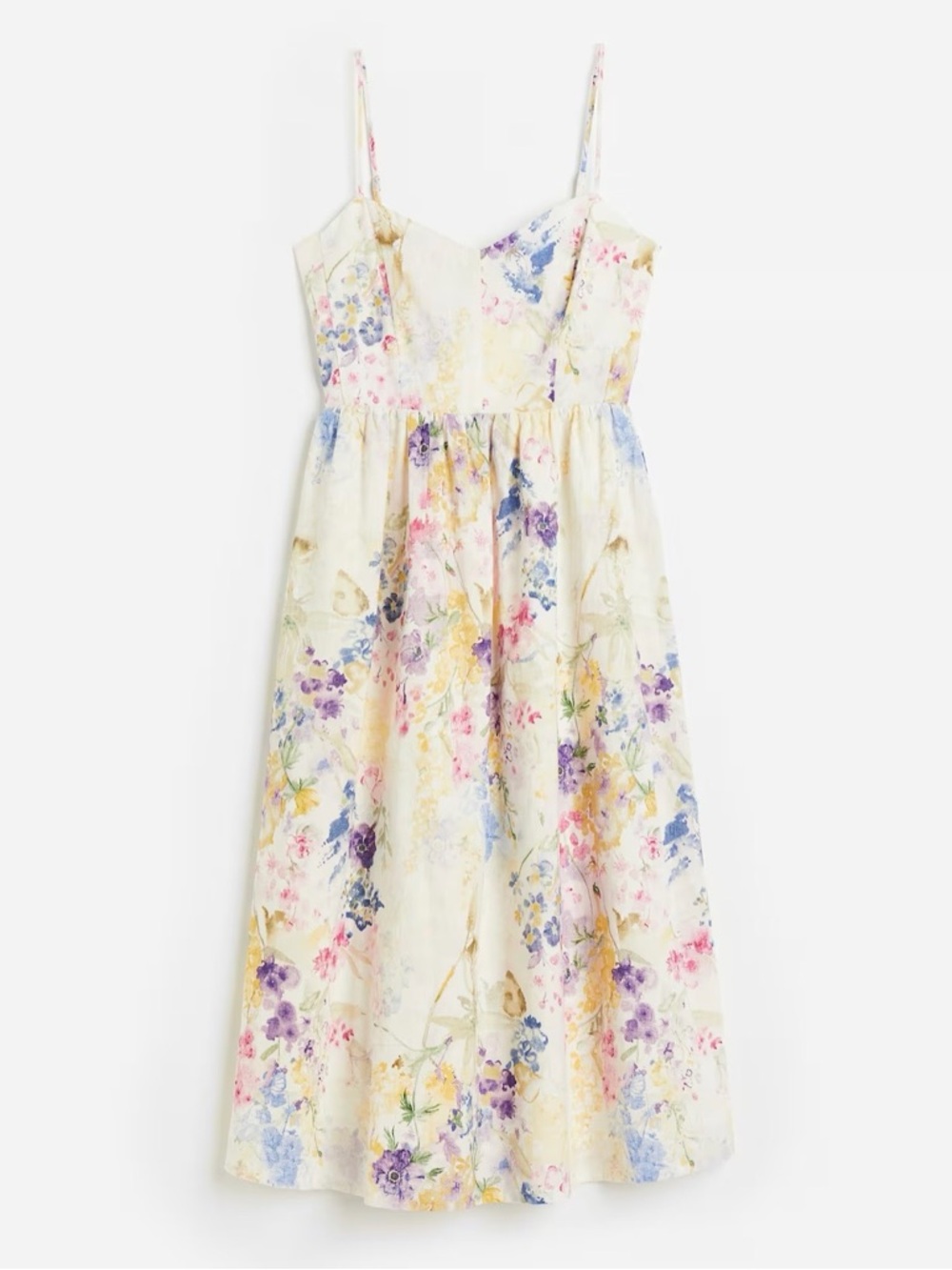H&M Cream Floral Spaghetti-Strap Dress with Pastel Blooms Linen Blend